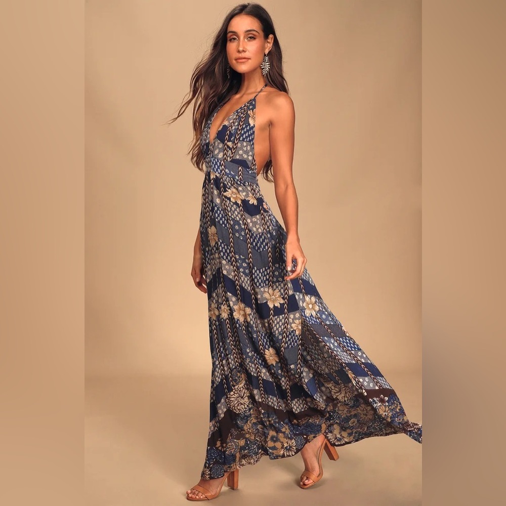Lulus and O’Niell - Annalisa Blue Multi Floral Print Halter Maxi Dress - small